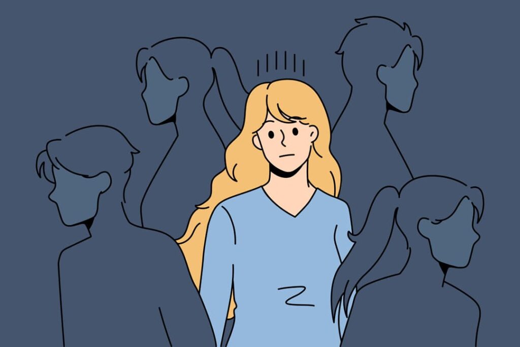 周囲から浮いてしまい、ひとり孤独を感じているHSS型HSPの女性のイラスト