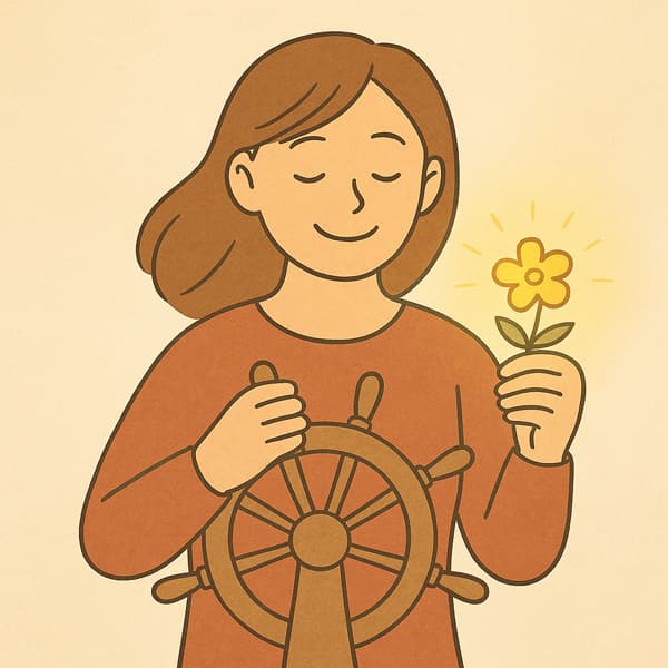 舵を握り、花を手にしたHSP女性が微笑んでいるイラスト