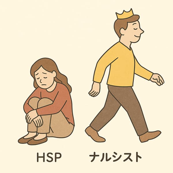 疲れたHSPと、気にせず立ち去るナルシストの対比イラスト