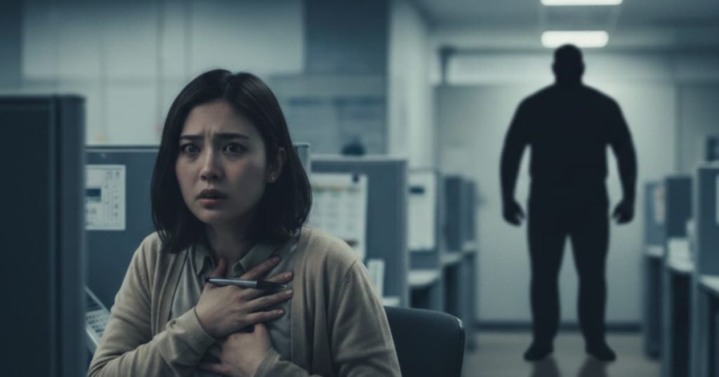 薄暗いオフィスで、怯えた表情で胸に手を当てる女性社員と、背後に立つ威圧的な上司の黒いシルエット
