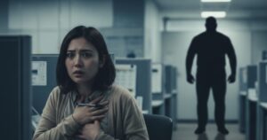 薄暗いオフィスで、怯えた表情で胸に手を当てる女性社員と、背後に立つ威圧的な上司の黒いシルエット