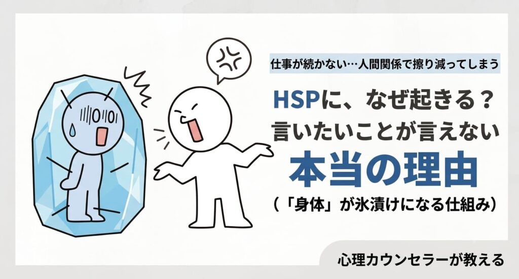 言いたいことが言えないストレスと身体のフリーズ反応を表したイラスト