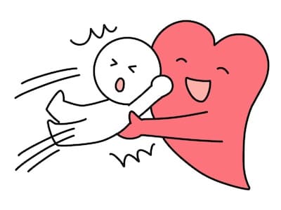 前に行こうとする人物を、後ろから大きなハートが優しく抱きかかえて引き止めているイラスト