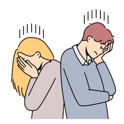 背中を向けて頭を抱え、互いに悩み苦しむ男女のイラスト