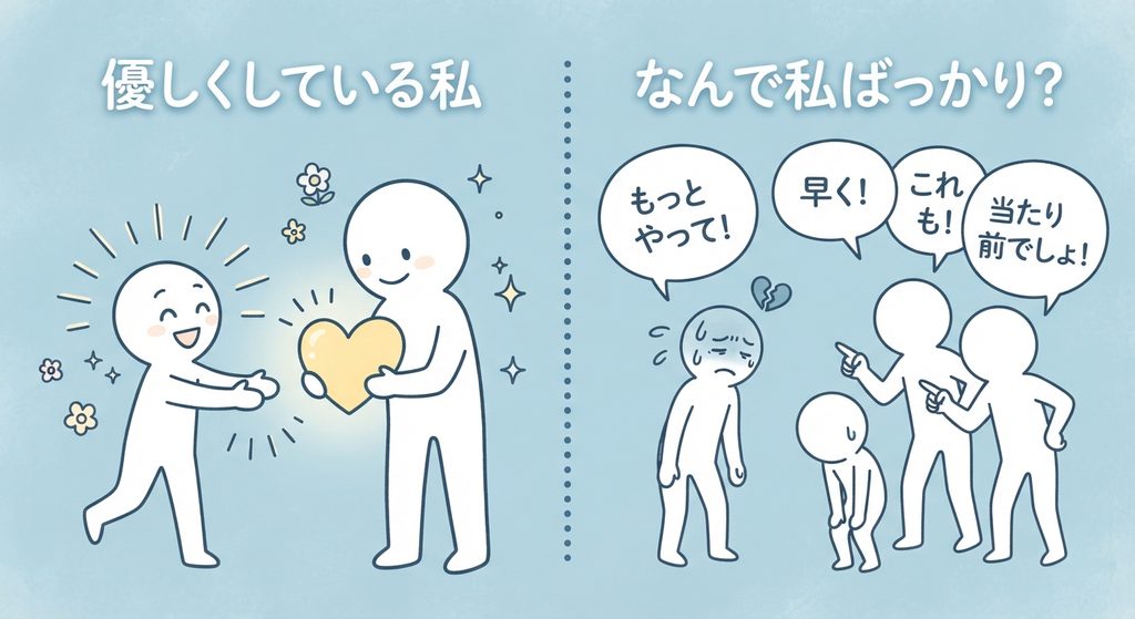「優しくしている私」と「『なんで私ばっかり?』と要求に振り回されている私」を対比したイラスト。