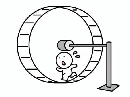 回し車の中を必死に走り続けている棒人間のイラスト。トラウマボンドの同じサイクルから抜け出せない状態を表現。